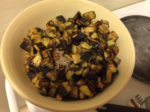 soba noodles with eggplant prior to adding the mango and herbs