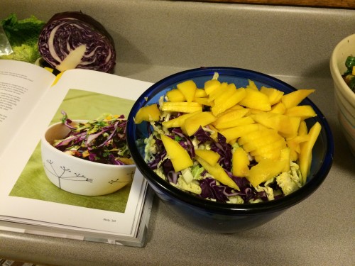 Mango, savoy cabbage, and red cabbage for the sweet winter slaw