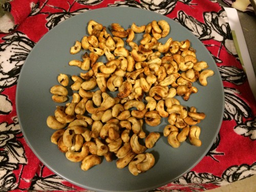 caramelized cashews with sugar, salt, butter, and chile