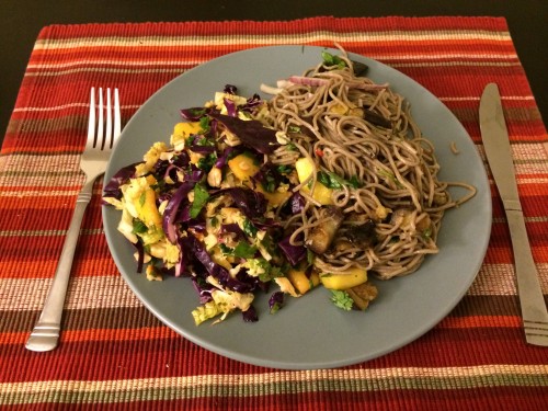 sweet winter slaw and soba noodles with eggplant and mango