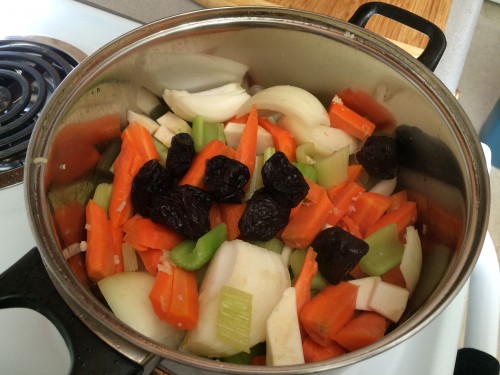 Mirepoix and prunes for soup broth