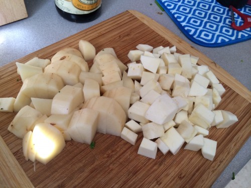 Diced potatoes and parsnips for the dumplings