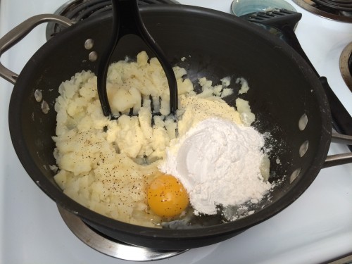 Mashed potatoes, parsnips, butter, semolina, flour, egg, salt, and pepper for the dumplings