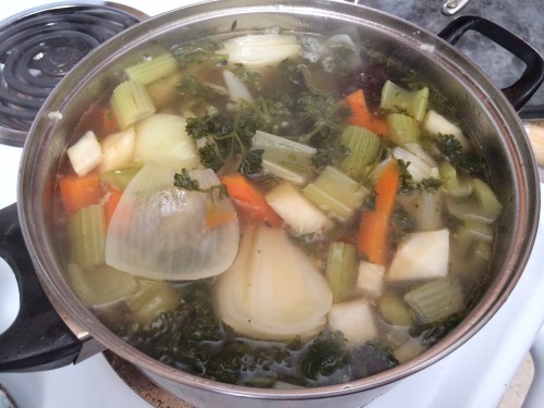 Ingredients for the vegetable broth simmering