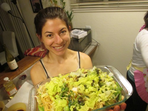 Lauren too excited to wait for me to get the noodle to vegetable ratio correct in the second batch, showing off the first batch with glee!