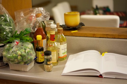 Ingredients for brussels sprouts and tofu dish