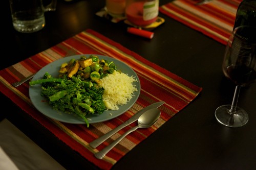 Broccolini and sweet sesame salad, brussels sprouts and tofu, and white rice vegetarian meal