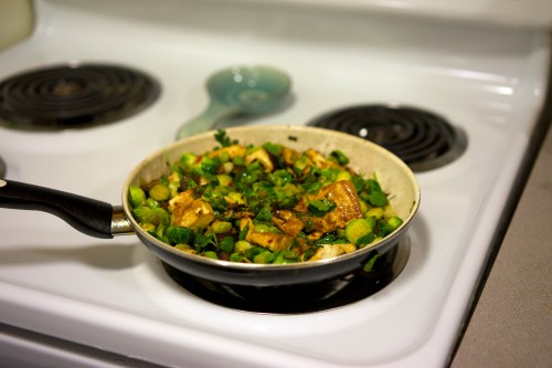 Brussels sprouts with tofu and mushrooms