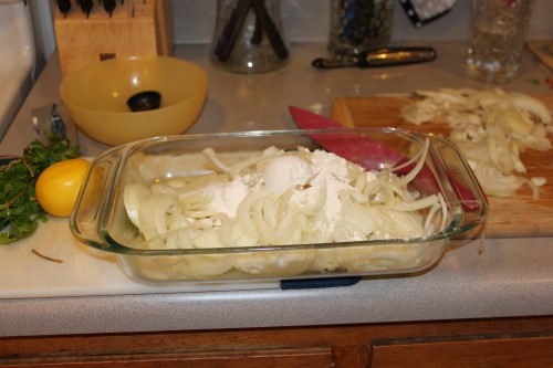 4 medium sliced onions with flour and salt - getting ready to fry!