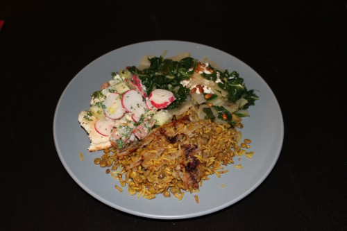 Final meal: mejadra, fattoush, and swiss chard with yogurt, tahini, and buttered pine nuts