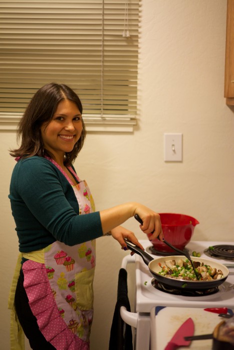 Making the brussels sprouts and tofu dish