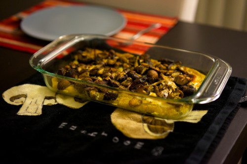 mushroom and herb polenta on mushroom dish towel!