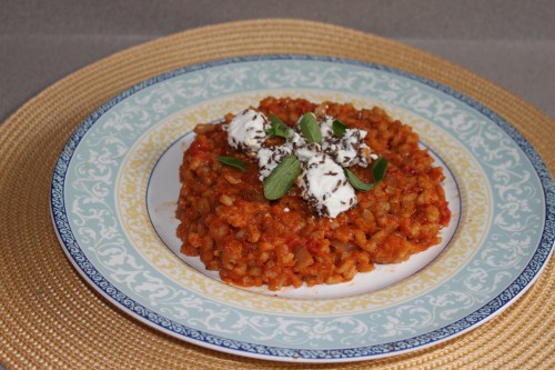 Barley risotto with marinated feta and fresh oregano