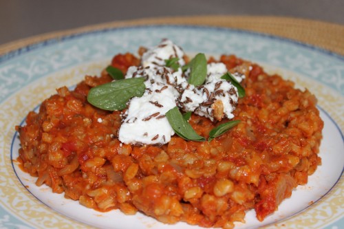 Barley risotto with marinated feta