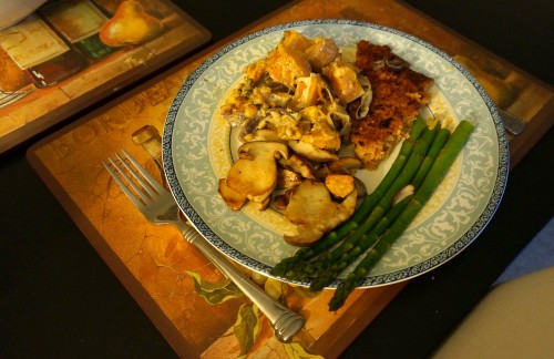 Roasted butternut squash & red onions with tahini & za'atar with couscous, tomato and onion, and sauteed porcinis and asparagus