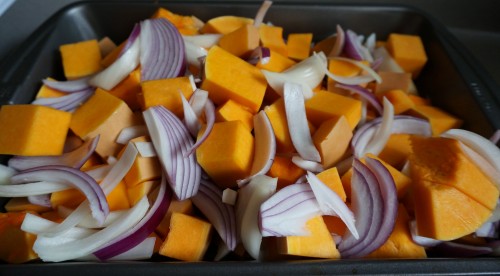 Butternut squash with red onions 