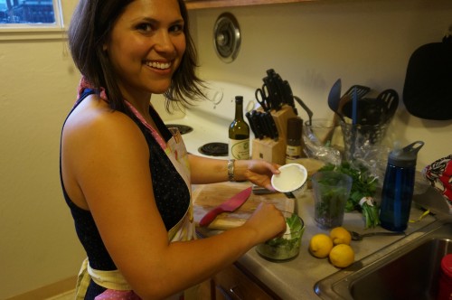 Mixing together ingredients for the sorrel sauce