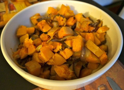 Roasted butternut squash and red onions with olive oil, salt, and pepper