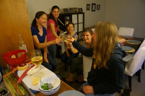 Stella, Meera, Lauren, Simone, and Claire  toasting to ladies and mushrooms!