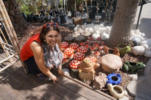 Posing with the cute ceramic mushrooms!