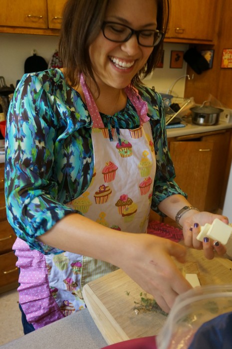 Cutting up butter for the bechamel