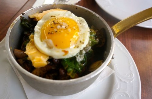 Mushroom casserole with fried egg