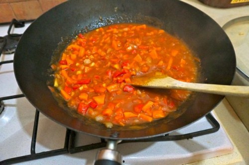 Shakshuka sauce made with carrots, peppers, sweet potato, and tomato sauce