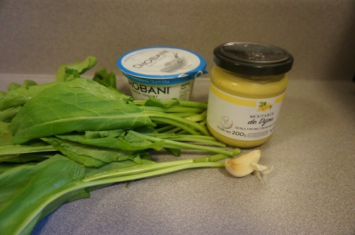 Ingredients for the sorrel sauce - Sorrel, garlic, greek yogurt, dijon mustard