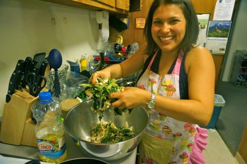 Mixing up the chard cakes