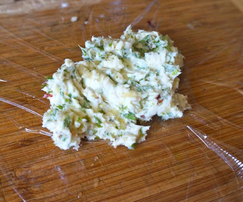 lime butter with lime juice, lime zest, salt, pepper, cilantro, garlic, chile flakes about to be chilled 