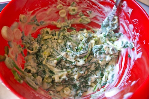 Pancake mixture with flour, baking powder, egg, butter, salt, cumin, milk, green onions, spinach, and green chile