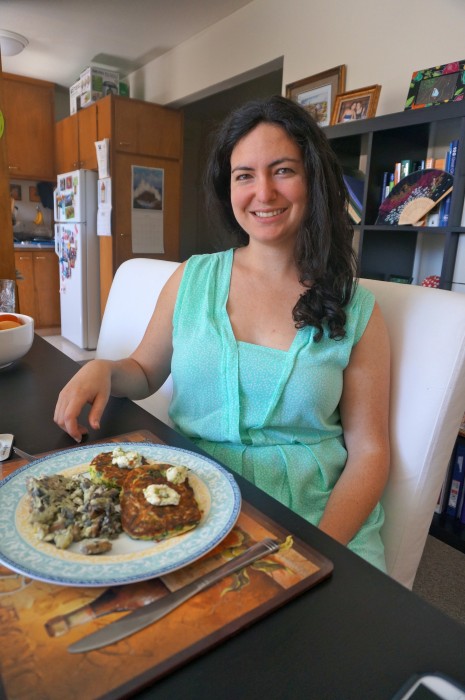 Valerie and her delicious brunch of green pancakes with lime butter and scrambled eggs with mushrooms