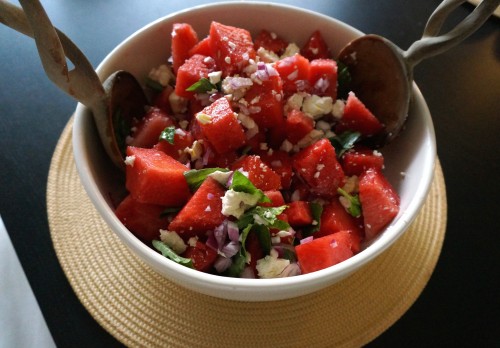Watermelon and feta salad with basil and olive oil