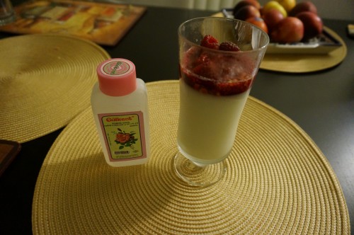 Malabi - Israel milk based pudding with rose water, raspberries, shredded coconut, and crushed peanuts