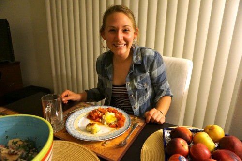 Claire looking super stoked to be eating the shakshuka