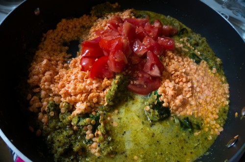 Spice and onion mixture with red lentils and tomatoes