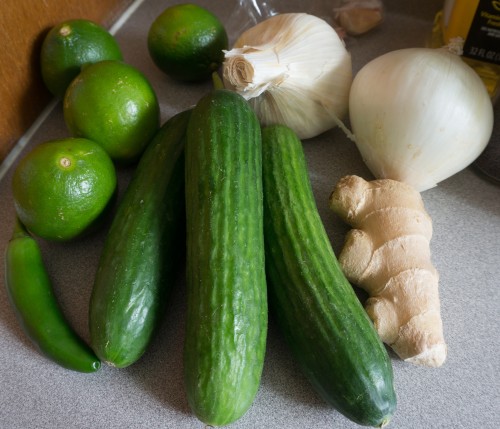 Limes, cucumbers, ginger, garlic, and onion