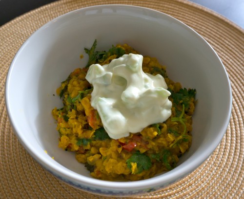 Curried red lentils with Greek yogurt and cucumber