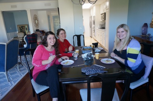 Sara, Sarah, and Lauren enjoying the frittata with bagels