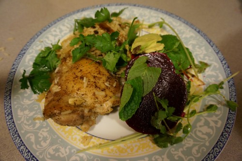 Beet, avocado, and pea salad with chicken with cardmom rice2