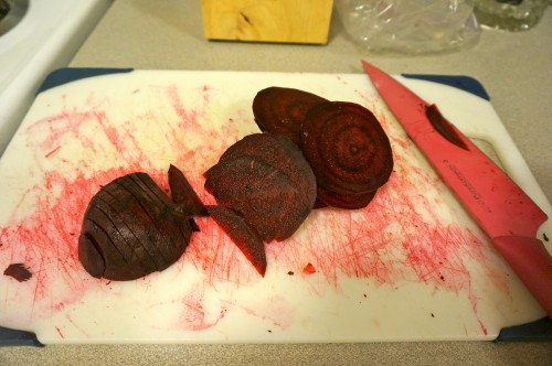 Peeling and thinly slicing beets is messy work