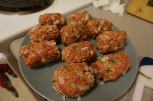 Beef meatballs with onion, parsley, egg, breadcrumbs, allspice, salt, and pepper