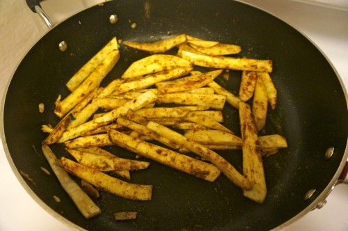 Celeriac with turmeric, cumin, cinnamon, and garlic.