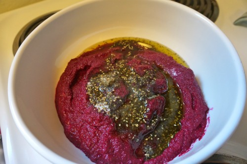 Puréed beets with olive oil, za'atar, date syrup, and salt.