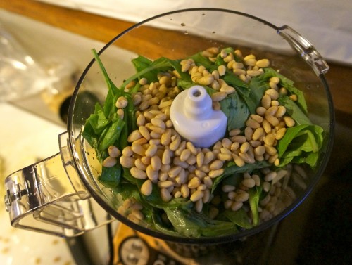 Pine nuts and basil in the food processor