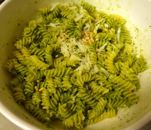 Home made pesto mixed with  pasta topped with extra pine nuts and Parmesan.